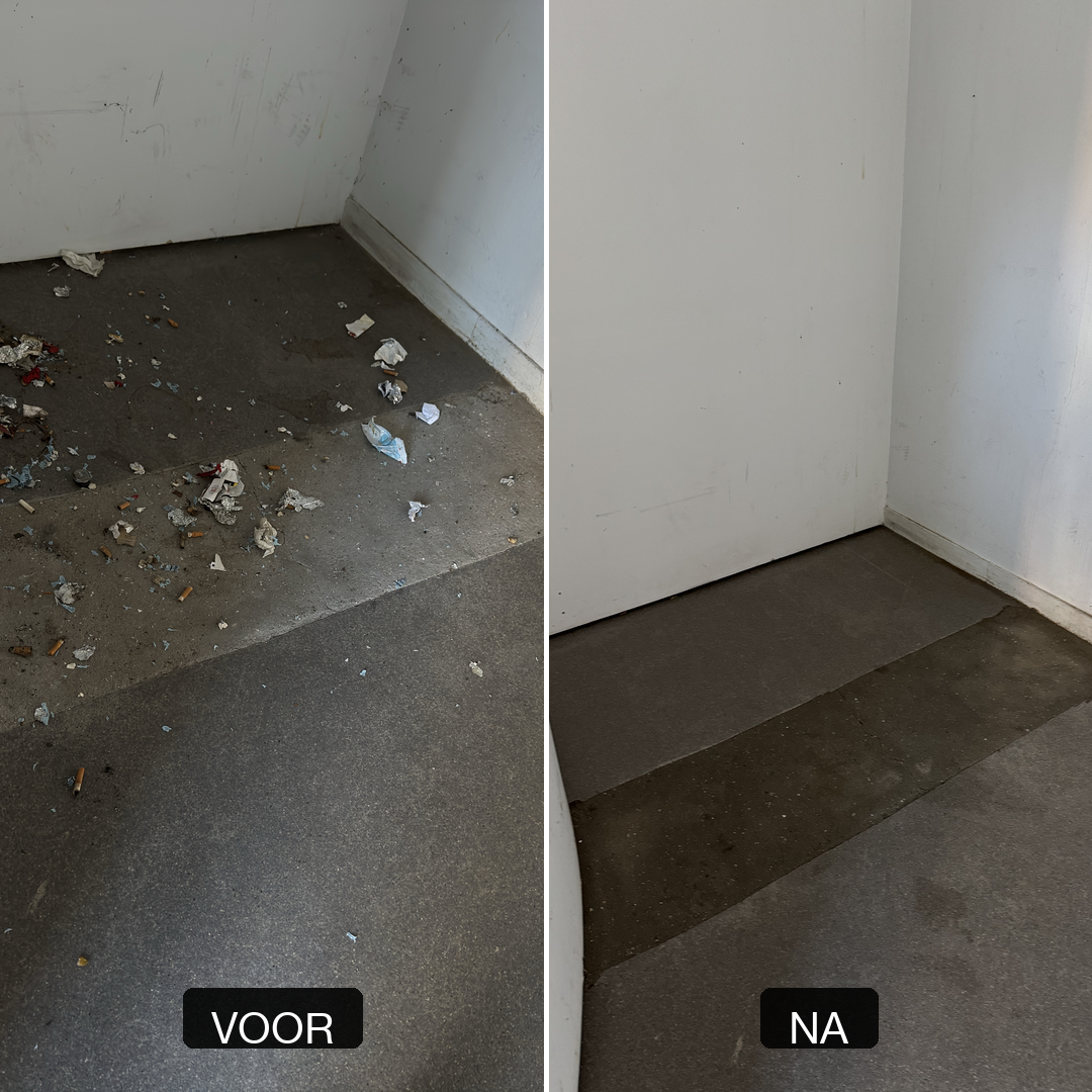 Voor en na, vloerhoek vuil naar schoon